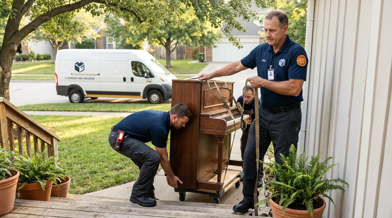 Licensed piano movers securing grand piano in Cross Plains, WI