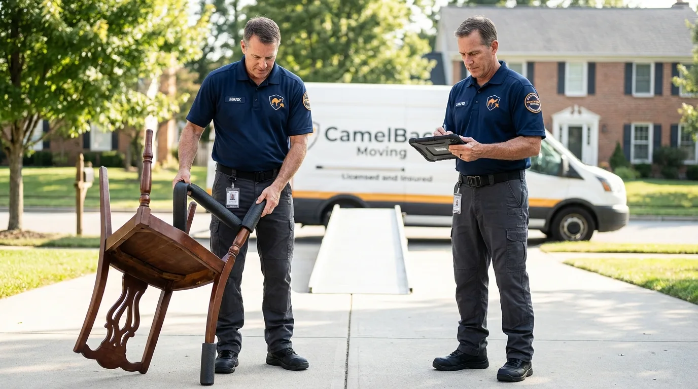 Movers inspecting furniture for damage prevention before loading in Cross Plains, WI