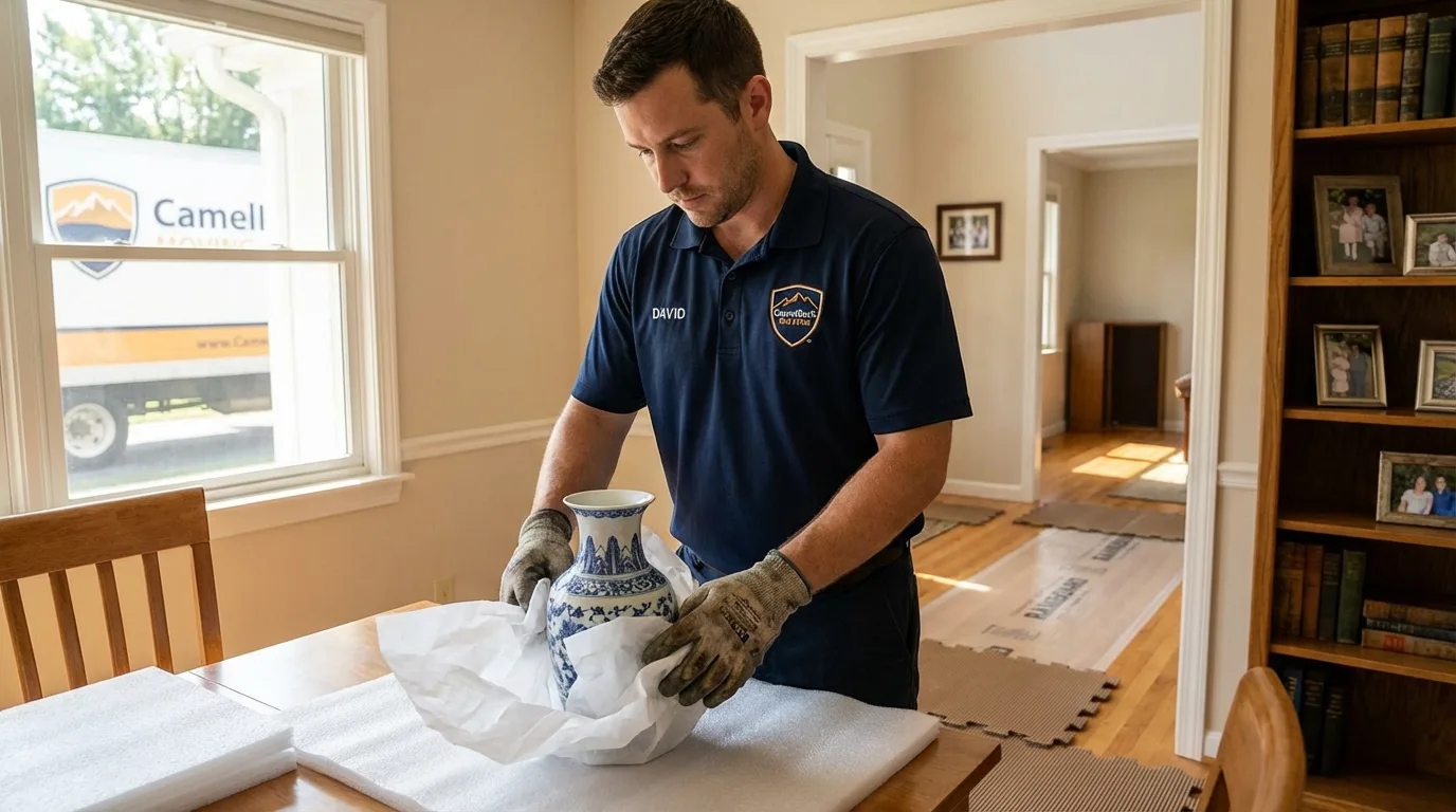 Professional crew carefully wrapping antique vase for senior downsizing move in Cross Plains, WI