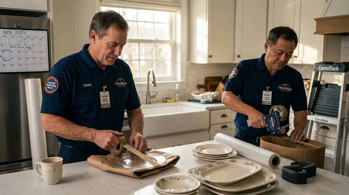 Professional crew packing kitchen dishware in Cross Plains, WI